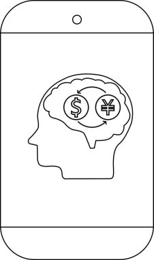 Bir telefon beyninde para sembolleri dönen bir kafa profili gösterir