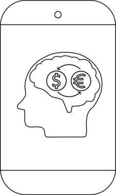 Bir telefon, beyin bölgesinde dönen para birimi sembollü bir baş silueti gösterir.