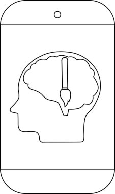 Bir telefon ekranında kafa silueti ve içinde boya fırçası olan bir beyin var.