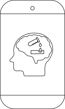Bir telefon, üzerinde test tüpü olan bir beynin dikdörtgen bir kutuya damladığı bir profili gösterir.