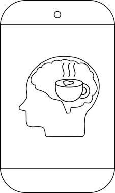 Bir telefon, içinde kalp tasarımı olan dumanı tüten bir kupa olan bir beyin taşıyan bir insan kafasını görüntüler.