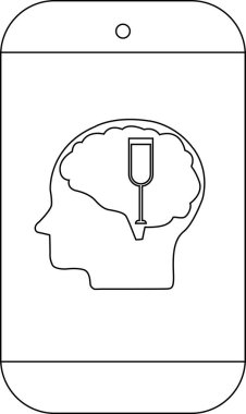 Beyin ve şarap kadehiyle dolu bir kafa profilini gösteren stilize bir telefon.