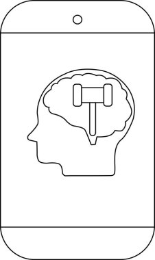 Beyin çizgisi içinde baş silueti ve çekiç çizimi olan akıllı bir telefonun taslağı.