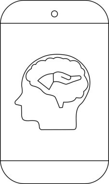 Kafası siluetli bir akıllı telefonun siyah beyaz görüntüsü. Beyin içinde bir el var.