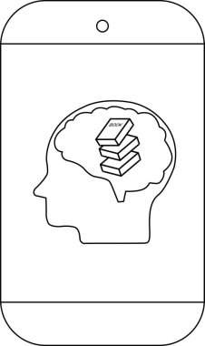 Çizgi sanatı, içinde istiflenmiş kitaplar olan beyin silueti olan bir telefon tasvir ediyor.