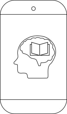Bir akıllı telefonun satır çizimi açık bir kitap içeren bir kafa profilini gösterir