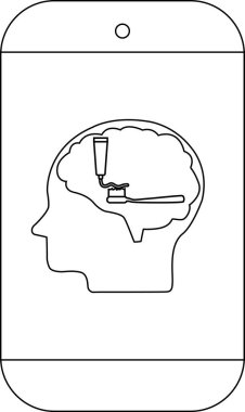 Diş macunu tüpü ve diş fırçasıyla beyin içeren silueti olan bir Lineart telefon.