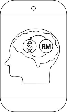 Cep telefonu ekranında beyni olan bir kafa USD ve RM döviz kurunu düşünüyor.