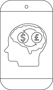 Mobil aygıt para değişimi sembolleri gösteren beyni olan bir kafa görüntüler