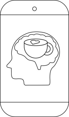 Beynin içinde kahve fincanı olan bir kafa profili gösteren bir akıllı telefon taslağı.