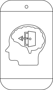 Akıllı telefonun ana hatları, açık bir kapı ve işaret eden bir ok içeren beyni olan bir kafanın siluetini gösterir.