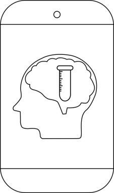 Akıllı telefon, beyin çizgisi ve test tüpü sembollü baş siluetini görüntüler