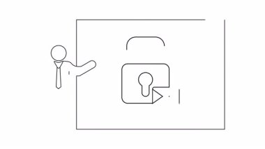 Takım elbiseli bir adam içinde asma kilit ve zarf simgesi olan bir pano sunar.