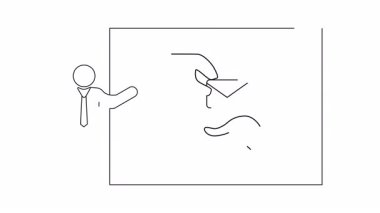 Çizgi sanatçısı, zarfı başka bir ele uzatan eli gösteren bir pano sunar.