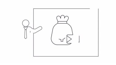 Çerçevelenmiş para çantası ve zarfın yanında duran sunucunun çizgi çizimi