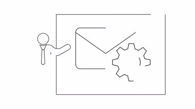 Bir çerçeve içindeki bir zarf ve dişli simgesini gösteren bir figür tasvir eder