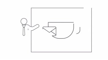 Çubuk adam beyaz tahta bir çizim sunar. Bir de kahve bardağı zarfı.