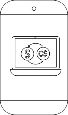 Bir cep telefonu para birimi sembollerini değiş tokuş oklarıyla gösteren bir dizüstü bilgisayar görüntüler