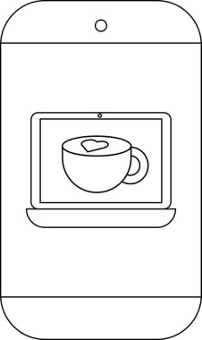 Bir telefon, içinde kalp tasarımı olan bir kahve fincanını gösteren bir dizüstü bilgisayar görüntüler.