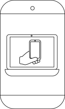 Bir telefon, telefonu tutan eli gösteren bir dizüstü bilgisayar görüntüler.