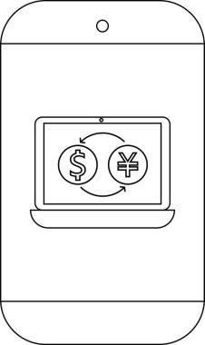 Bir akıllı telefon bir dolar ve yen sembollü para değişimi gösteren bir dizüstü bilgisayar ekranı gösterir