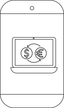 Bir akıllı telefon, oklarla birbirine bağlı dolar ve avro sembollü bir dizüstü bilgisayar ekranı gösterir