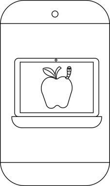 Akıllı telefon, elmayı solucanla gösteren bir dizüstü bilgisayar görüntüler.