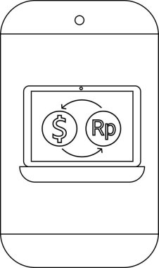 Bir dolar işareti olan bir dizüstü bilgisayarın siyah beyaz görüntüsü ve döviz kurunu gösteren Rp sembolü