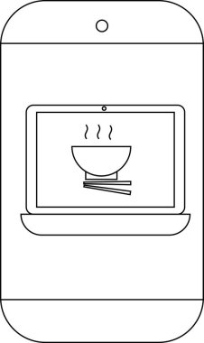Laptop ekranlı akıllı telefon yemek çubuğu ve buharlı yemek kasesi sergiliyor.