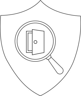 Bir kalkan açık bir kapının üzerinde büyüteç sergiler.