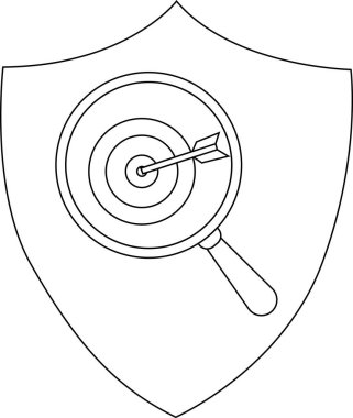 Bir kalkan ambleminde ok ile delinmiş bir hedefe odaklanmış bir büyüteç sergilenir.