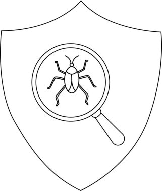 Büyüteç altında bir böcek barındıran siyah ve beyaz kalkan tasarımı