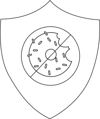 A heraldic shield containing a donut with sprinkles and a bite taken out bisected by lines