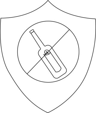 A shield containing a bottle with a line through it symbolizing no alcohol