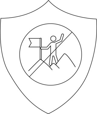 Shield with stick figure climbing mountain holding flag arm raised