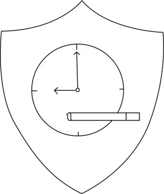 Saat takılı bir rozet. Saatin yüzünde kısmen tütsülenmiş bir sigara var.