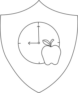 A shield contains a clock showing 900 and an apple