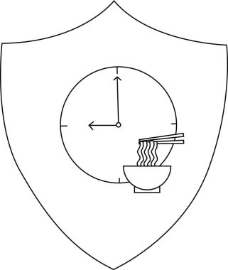 Kalkanda 900 'e ayarlanmış bir saat ve yemek çubuğu minimalist dizaynlı bir kase erişte var.