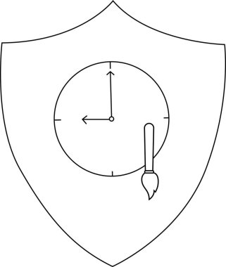 Kalkan şekli 9 kilit ve bir fırça gösteren bir saat içeriyor.