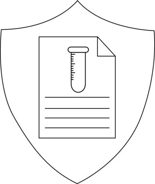 A heraldic shield design features a test tube within a document outline