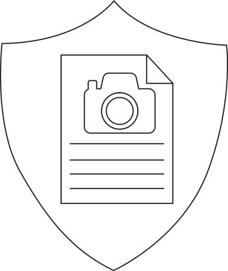 Kalkan arkaplanındaki kamerayı gösteren çizgili bir belge. Hepsi de siyah çizgili.