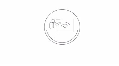 Bir büyüteç üzerinde kablosuz internet sinyali sembolü olan beyaz tahtayı gösteren bir adama odaklanır.