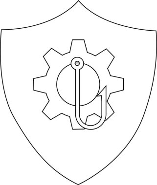 A line art illustration of a shield with a gear and a hook inside