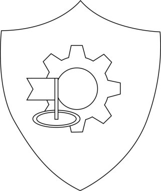 A shield containing a gear symbol and a flag icon