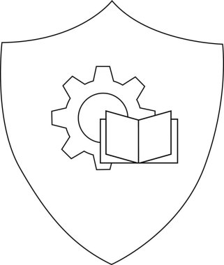 Üzerinde açık bir kitap bulunan bir kalkan. Her ikisi de siyah çizilmiş bir vites.