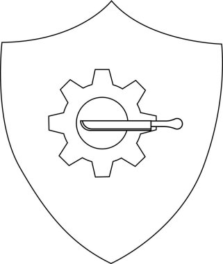 A shield featuring a gear with a knife through its center