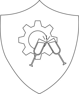 Bir teçhizat içeren bir kalkan şekli ve iki şampanya kadehi tıkırdıyor.