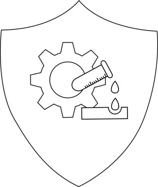Bir kalkan basit bir siyah beyaz çizgi sanat tarzında sunulan bir vites test tüpü ve sıvı damlaları gösterir
