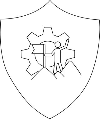 A shield with a person planting a flag on a mountain in front of a gear