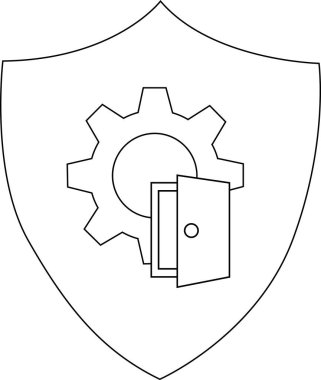 Kalkan amblemi bir dişli ve kapı sembolü basit siyah çizgiler içerir